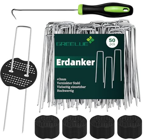 GREELUE Erdanker Bodenanker, 50 Stück 150x25mm Ø3mm, Mit Pufferscheiben, Anti Rost Verzinkter Stahl - Für Unkrautvlies, Garten, Gartenvlies & Zaun (50)