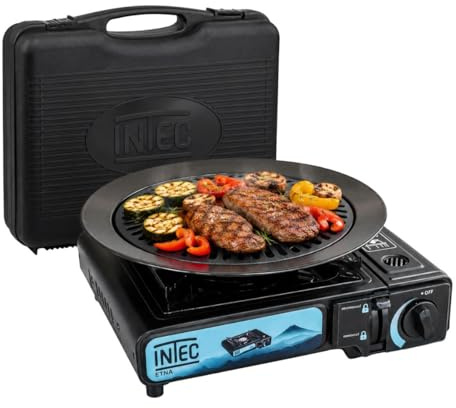 INTEC - Réchaud à gaz portable 2200W Etna + Plaque Grill Barbecue Camping Allumage Piezo Mallette Cuisson Extérieure