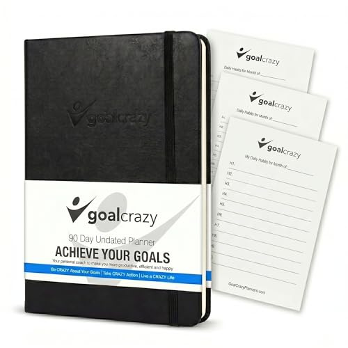 Goal Crazy Undatierter Tagesplaner – 90 Tage A5 Tagebuch 2023, Planer Tagebuch für geschäftige Zeitpläne, Produktivitätsgewohnheiten-Tracker, inspirierender Tagesplaner, Mandelseiten (schwarz)
