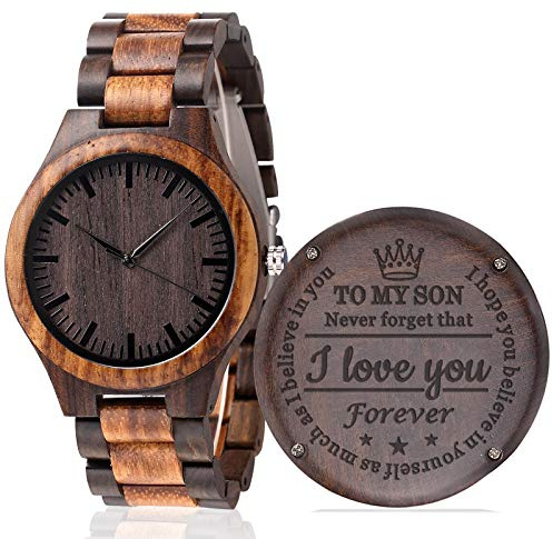 KOSTING Personalized Engraved Men Natural Wood Watches for Son Wooden Strap Band Customized Stylish Classic Unique Birthday Christmas Day Graduation Gifts from Mom