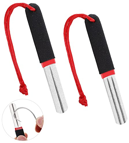 Prasacco 2 Stück Fischhakenschärfer, Angelhaken-Schleifschleifstein Doppelseitig Angelhaken-Schärfer Tragbares Schleifwerkzeug zum Angeln mit Griff und Hängende für Outdoor Angeln (Rot)