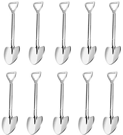 Lot de 10 petites cuillères à café en forme de pelle en acier inoxydable pour dessert, thé, apéritif, fournitures de fête de 12 cm