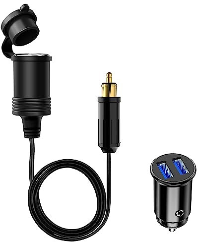 90cm Enchufe DIN Macho Adaptador de Mechero Europeo al Toma del Encendedor de Cigarrillos Cable de Extensión Impermeable para Moto,12V/24V Mini Encendedor de Cigarrillos Cargador USB Dual de Coche