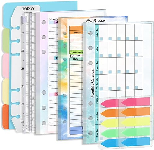 SamHeng A6 Recharge de Papier Kit, Agenda Hebdomadaire Calendrier Mensuel Planificateur Budgétaire pour Classeur à 6 Anneaux, 200 Onglets d'index Poche de Reliure Règle 5 Couleurs Intercalaires