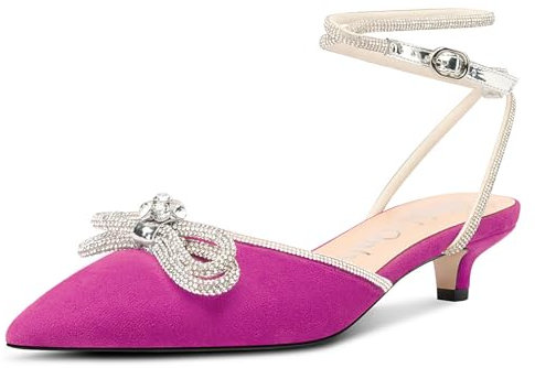 NobleOnly Mujer Diamante Nudo Arco Pumps Gatito Heel Cerrado el Dedo del pie Puntiaguada Punta Correa Tobillo Pumps de Boda Dress Zapatos 3.5 CM Heels Fucsia 38 EU