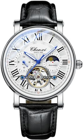 DAXIAOYU Lyxig urholkad Tourbillon klocka män läderrem affärsmode skelett automatiska mekaniska klockor månfas lysande vattentät armbandsur