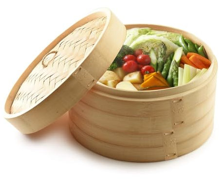 MineSign Cuiseur vapeur en bambou de 30,5 cm à 2 niveaux pour raviolis - Design traditionnel - Pour dim Sum, légumes, poisson et viande