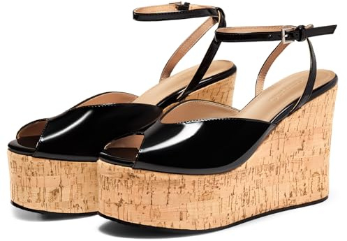 Coutgo Womens Platform Wedge Sandals Cork Dressy Peep Toe Ankle Buckle Strap High Heels Summer Shoes, Black, 5.5 UK