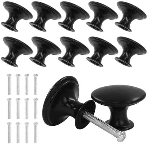 Cjueiom 12Pcs Black Kitchen Cabinet Knobs, 30mm Round | Metal Cabinet Pulls, Matching Screws, For Drawer Dresser Cupboard Wardrobe