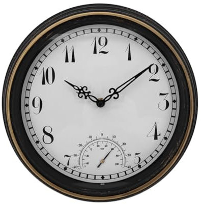 Wrtysully Orologio da Parete Impermeabile per Esterni con Termometro IP44 Orologio da Giardino Rotondo Vintage Orologio da Esterno da 12 Pollici