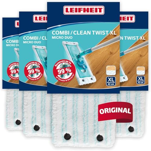 Leifheit Wischbezug CLEAN Twist XL Micro Duo, 2-Faser-System 4er | Passend für CLEAN TWIST XL/Combi XL, 42 cm Wischbreite, Spezialborsten und Mikrofaser, bis 200x bei 60°C waschbar
