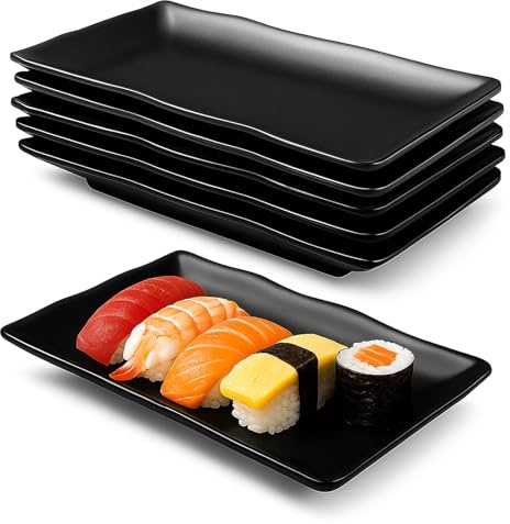 Chingcoo 6 platos rectangulares de color negro, platos de melamina, platos para entrantes, platos de postre, platos de aperitivos para sushi, pasteles, ensaladas, frutas, antipasti y guarniciones