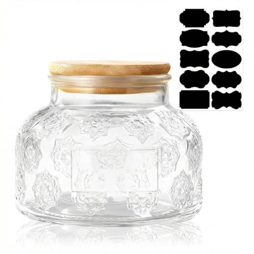 Retro Glass Jar with Bamboo Lid - 750 ML Airtight Canister with Label for Kitchen Pantry Bathroom, Decorative Storage Container for Sugar, Bath Salt, Coffee, Tea, Oats, Candy, Cookie, Morning Glory