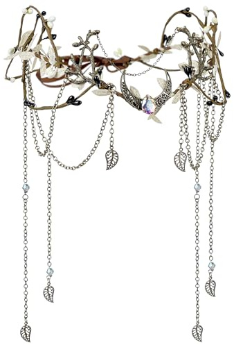 MOSTORY Elfenkrone für Mittelalter Kostüm Damen, Feen Kopfschmuck mit Quaste und Mond für Cosplay Karneval