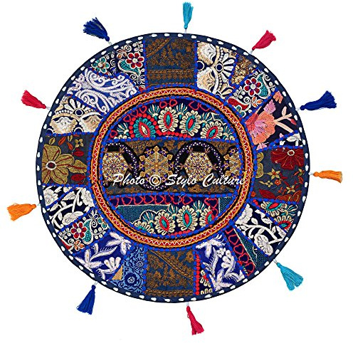 Stylo Culture Indien Bohémien Housse De Coussin De Sol Intérieur 45x45 cm Coussin De Sol Couch Bleu Foncé Patchwork Ancien Rond Petit Décoratif Coton Oreiller 45x45 Brodé Pouf Couverture