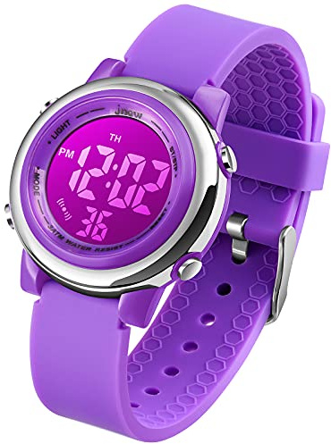 Orologio digitale da polso per bambini e bambine, impermeabile, per sport e attività all’aria aperta, con LED, sveglia e cronometro, colore: viola