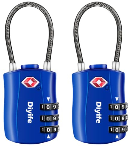Diyife TSA Approved Luggage Locks with Flexible Steel Cable, Easy to Set up | 3-Digit Combination Suitcase Locks, Small Padlocks with Code for Travel, Bag, Backpack, Zinc Alloy Body (Blue, 2 Pack)