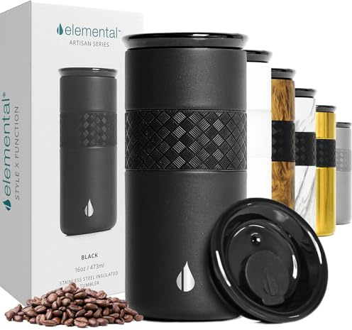 Elemental Artisan Triple Wall Insulated Tumbler – Stainless Steel Coffee Cup with Ceramic Lid – Thermal Travel Mug for Hot(6 Hrs) & Cold(18 Hrs) Drinks – Reusable Coffee Cups (Matte Black, 473 ml)