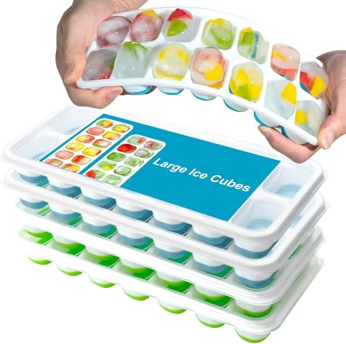 4 Pack Ice Cube Trays with No-Spill Removable Lid, Lfgb Certified BPA Free Moulds,Easy-Release Silicone and Flexible 56-Ice Trays,Best for Freezer,Baby Food,Water,Whiskey,Cocktail and Other Drink