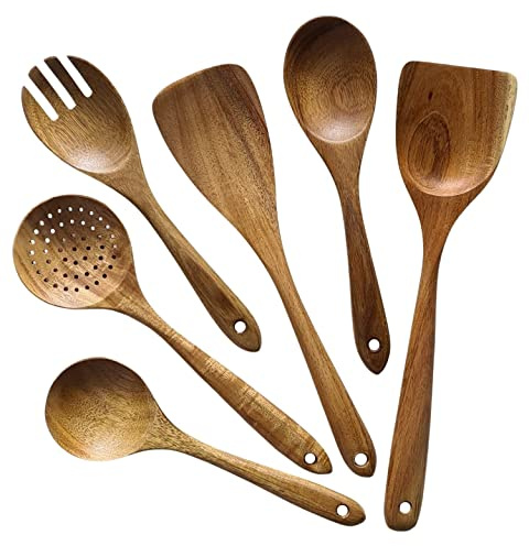 ALEXE® Küchenhelfer Set aus Akazienholz, 6 Stück Küchenutensilien Set aus Holz (Akazie), Japanischer Stil, Kratzfest und Hitzebeständig, Kochlöffel Holz Set für Antihaft-Pfannen