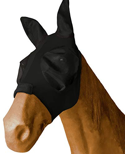 Leberna Fliegenmaske für Pferde, Netzstoff, mit Ohren, weiches Lycra-Mesh-Maske, UV-Schutz, mit Ohren, Schwarz