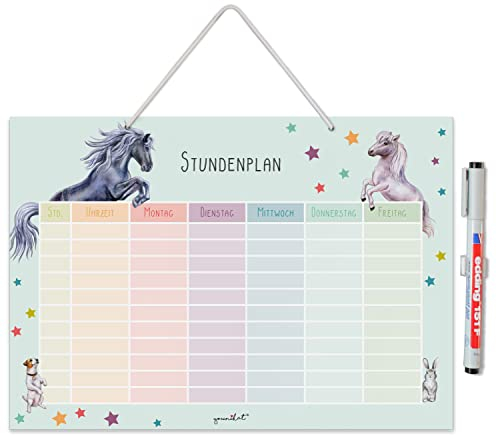 Stundenplan Pferd und Pony zum Aufhängen I abwischbar I DIN A4 I in Pastell-Farben I mit Aufhängung, Stifthalter und Stift I zum Schulanfang I für Mädchen I bunt I wiederbeschreibbar I dv989