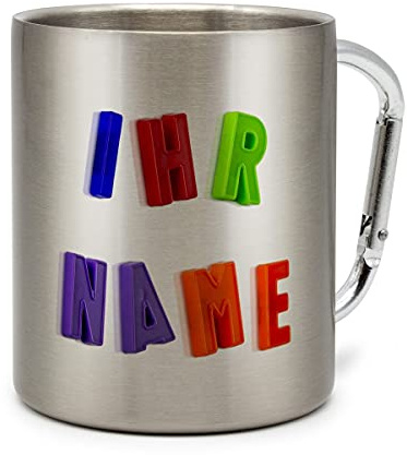 printplanet® - Edelstahltasse mit Karabinerhaken mit Namen bedrucken - Namenstasse selbst gestalten - Motiv Magnetbuchstaben