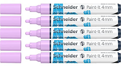 Schneider 120228 Paint-It Acrylstifte (mit 4 mm Rundspitze, hochdeckende Acrylfarben für Holz, Leinwand, Stein uvm.) 5er Pack, pastell-lila