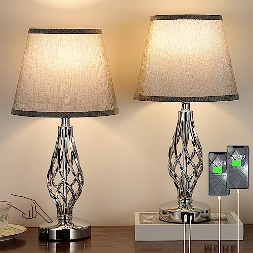 Aooshine Touch Table Lamps Set of 2, Bedside Lamp with USB-C USB-A Ports, Bedroom Lamps with Grey Shade and Spiral Cage Design Base, 3 Way Dimmable Table Lamp for Bedroom Living Room and Hotel