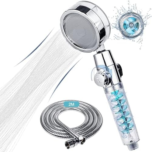 Shower Head and Hose 2M, Universal Shower Heads to Increase High Pressure, Handheld Shower Head with Twin Turbo Fan/Pause Switch/360° Rotating, Water Saving Design Ideal for Home Gym Use (Blue)