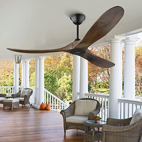 MSHENUED Moderner Deckenventilator ohne Licht 152cm Outdoor-Deckenventilatoren Retro-Holz-Deckenventilatoren, 3 Balsaholzblätter, DC-Motor, für Restaurant Wohnzimmer Schlafzimmer Invert