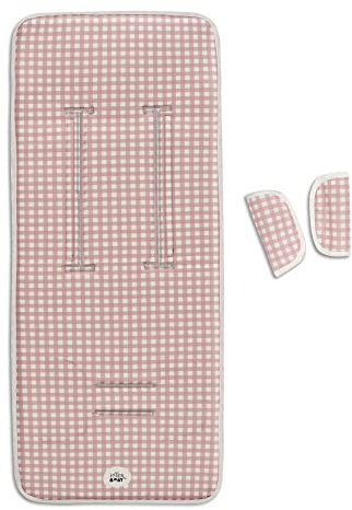 Interbaby Colchoneta Silla Paseo Universal para Verano | Transpirable y Cómoda | Funda Carro Bebe 100% Algodón, 84x34cm, Protectores para Arnés | Funda Silla Paseo Vichy Rosa