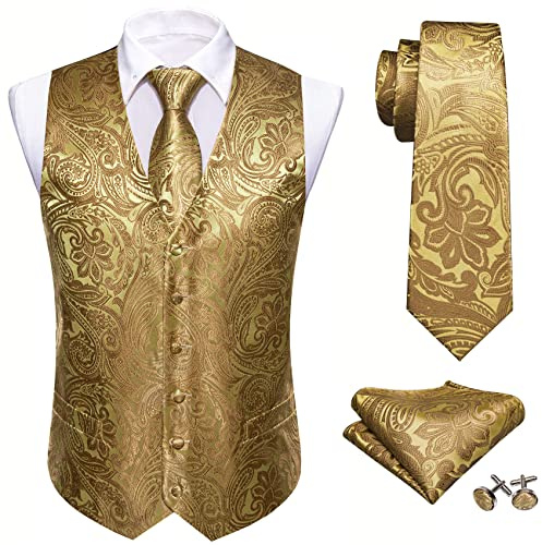 Barry.Wang Mens Paisley Waistcoat Flower Jacquard Silk V-neck Suit Vest and Tie Pocket Square Cufflinks for Wedding Tuxedo Prom