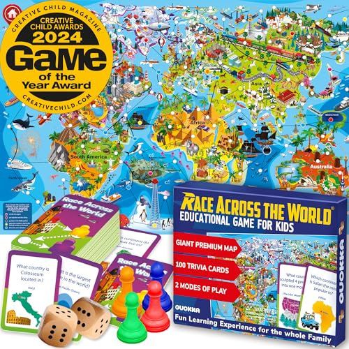 QUOKKA Family Board Games For Kids And Adults - 1 to 10 Players - Race Across the World - Learning - Educational - Geography - 100 Question Cards - Indoor - Outdoor Games - Kids Teens Adults Family