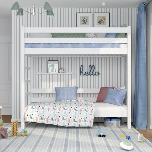 N-wood N03 Letto a castello 120x200, 100% Legno massello, Letto a soppalco per bambini e adulti, Scala universale: destra o sinistra, 2 Strutture inclusa, Bordi arrotondati, Bianco