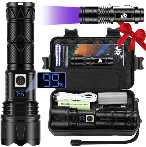 JAY-PARK Taschenlampe LED 500000 Lumen Aufladbar, LED Taschenlampe Extrem Hell 5 Lichtmodi mit Zoombar, IP67 Wasserdicht Taschenlampen für Camping, Notfälle (26650 Akku)