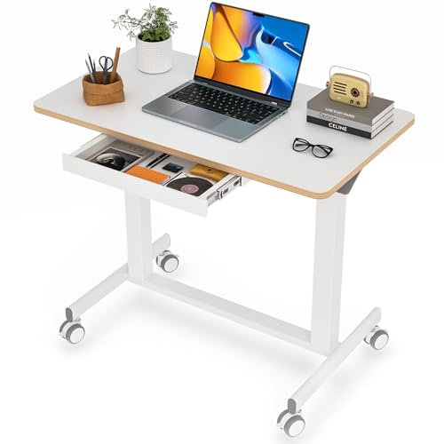 JOY worker Mobiler Stehpult, 89,9 cm, kleiner Stehpult mit Stauraum, pneumatisch, höhenverstellbar, Rollschreibtisch, hält bis zu 15 kg, weißer mobiler Laptop-Schreibtisch