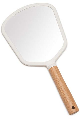 YEAKE Handspiegel mit Griff für Make-up, kleiner niedlicher Holz-Handspiegel zum Rasieren mit Loch zum Aufhängen, einseitiger, tragbarer Reise-Kosmetikspiegel für Männer und Frauen (Fanform)