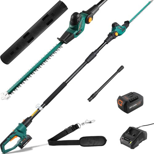 Tagliasiepi a batteria, passo 16 mm, testa girevole a 7 posizioni, Tagliasiepi telescopico a batteria