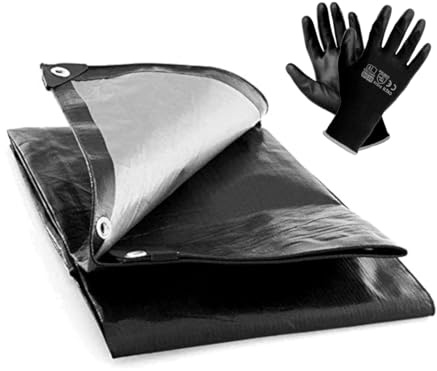 4 x 6 m Heavy-Duty Tarpaulin Cover - Black 235GSM - Waterproof, Weatherproof, Frost-Resistant, UV Protection, Multipurpose, Universal Groundsheet and Pair of Work Gloves