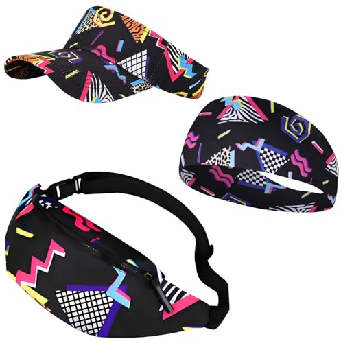 80s Fancy Dress Sports Kostüm Set Adult Hip Hop Sports Zubehör (mit Sonnenschirm Hut, Haarband, Schulranzen) Fancy Dress Hip Hop Kostüm Zubehör 80s 90s Adult Karneval Disco Party Kostüm-Schwarz