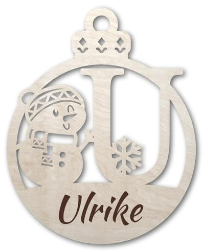 Urhome Weihnachtskugel personalisiert mit Wunschtext Gravur Buchstabe U mit Schneeman Motiv Hell Braun - Ornament Christbaumschmuck Weihnachtsdeko Weihnachtsbaum Anhänger aus 6,5mm Holz