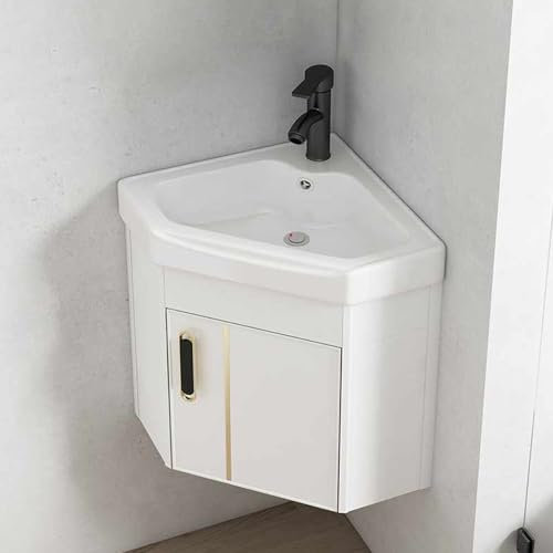 Eckwaschbecken-Kombination für Badezimmer, wandmontiertes Waschbecken-Design, dreieckiges Waschbecken aus Porzellan und Keramik, für kleine Räume, wandmontiertes Schrankset (43 cm) (eine Farbe: