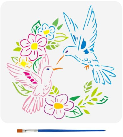 FINGERINSPIRE Kolibri Kranz Schablone Zum Malen 30x30cm Mit Pinsel Ausgehöhlte Kolibri Muster Zeichenvorlage Kunststoff PET Blumenkranz Schablone Tiermotiv Vorlage Für Dekoration
