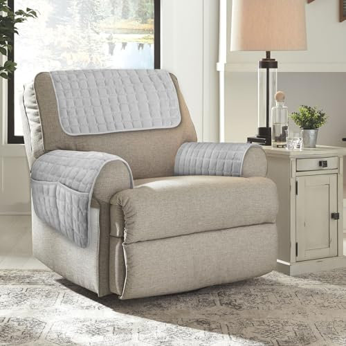 Foppla 3pcs Sofa Armlehnenbezüge, Sesselschoner Sesselauflage, Fernsehsessel Schutzbezug mit Seitenstocktaschen Anti-Rutsch Sofa Arm Protector Machine Waschbare Liegestuhl Armbedeckung weich (Grau)
