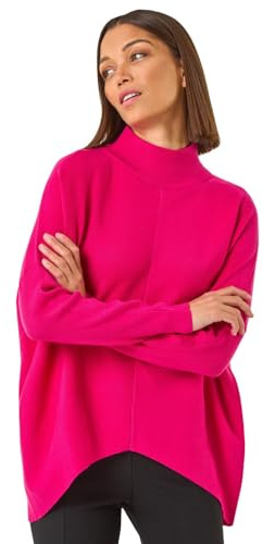 Roman Originals Ribbed High Neck Knit Jumper for Women UK - Ladies Everyday Autumn Winter Comfy Soft Evening Vacation Work Party Night Out - Fuchsia - Size 12