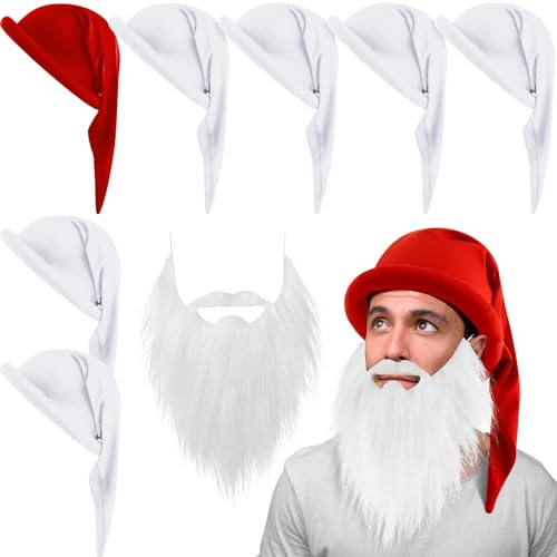 Jadive 7 Stück Zwergenmützen mit Bart und Augenbrauen Elfenhut Zwergen Zipfelmützen Gnome Mütze Wichtelmütze Lustiges Gruppen Kostüm für Karneval Halloween Weihnachten(Rot, Weiß,Zipfelmütze Lang)