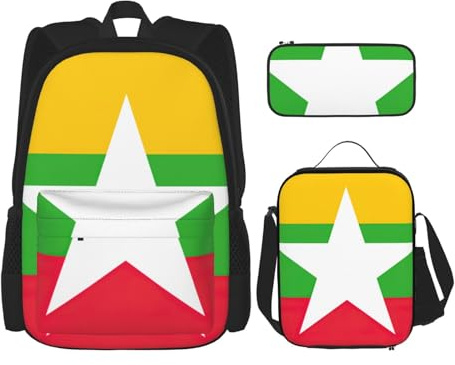 OXKGHHO Juego de mochila de trabajo con estampado de bandera de Myanmar con lonchera aislada, correas ajustables, para gimnasio y uso diario, Negro -, Talla única