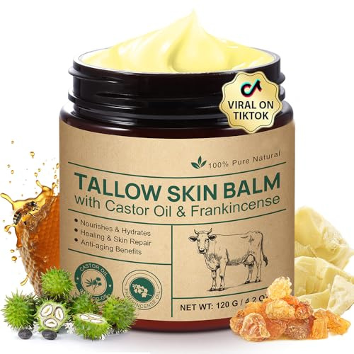 Tallow Castor Frankincense Oil Cream, Beef Tallow for Skin Care with Castor, Frankincense Oil Balm, Moisturizer Cream for Face & Body for Sensitive and Dry Skin, Eczema All-Purpose Balm - 120g
