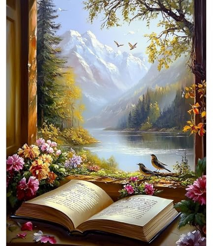 NEWENMO Beaux Paysages Peinture par Numéros,Fleurs Peinture Numero Adulte,Livre Ouvert Paint by Numbers,DIY Peintures à l'huile Kit,Bricolage Painting Acrylique pour Débutant Décor Maison 40x50cm